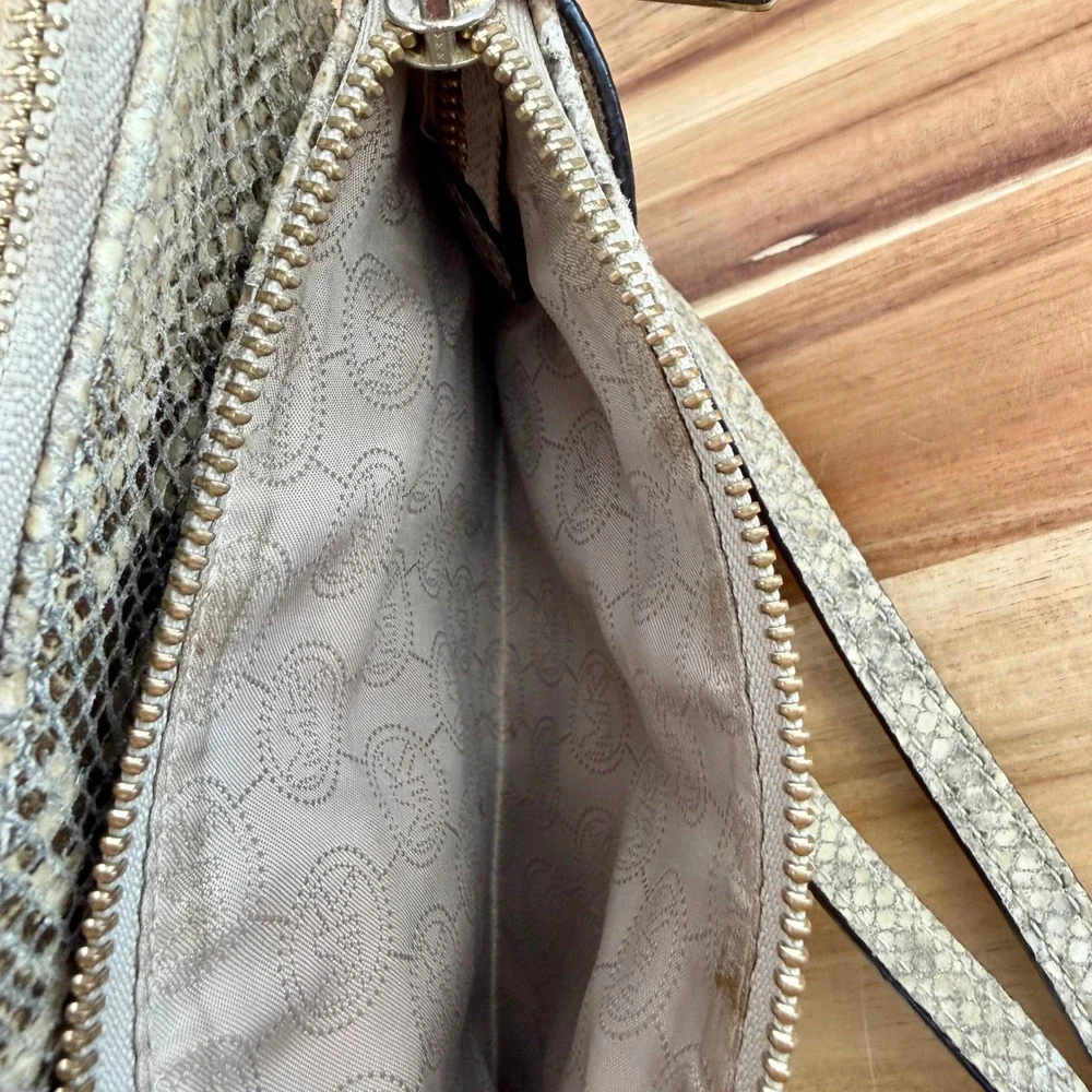 Michael Kors Snakeskin Embossed Leather Crossbody Bag Gold MK Logo Beige Tan